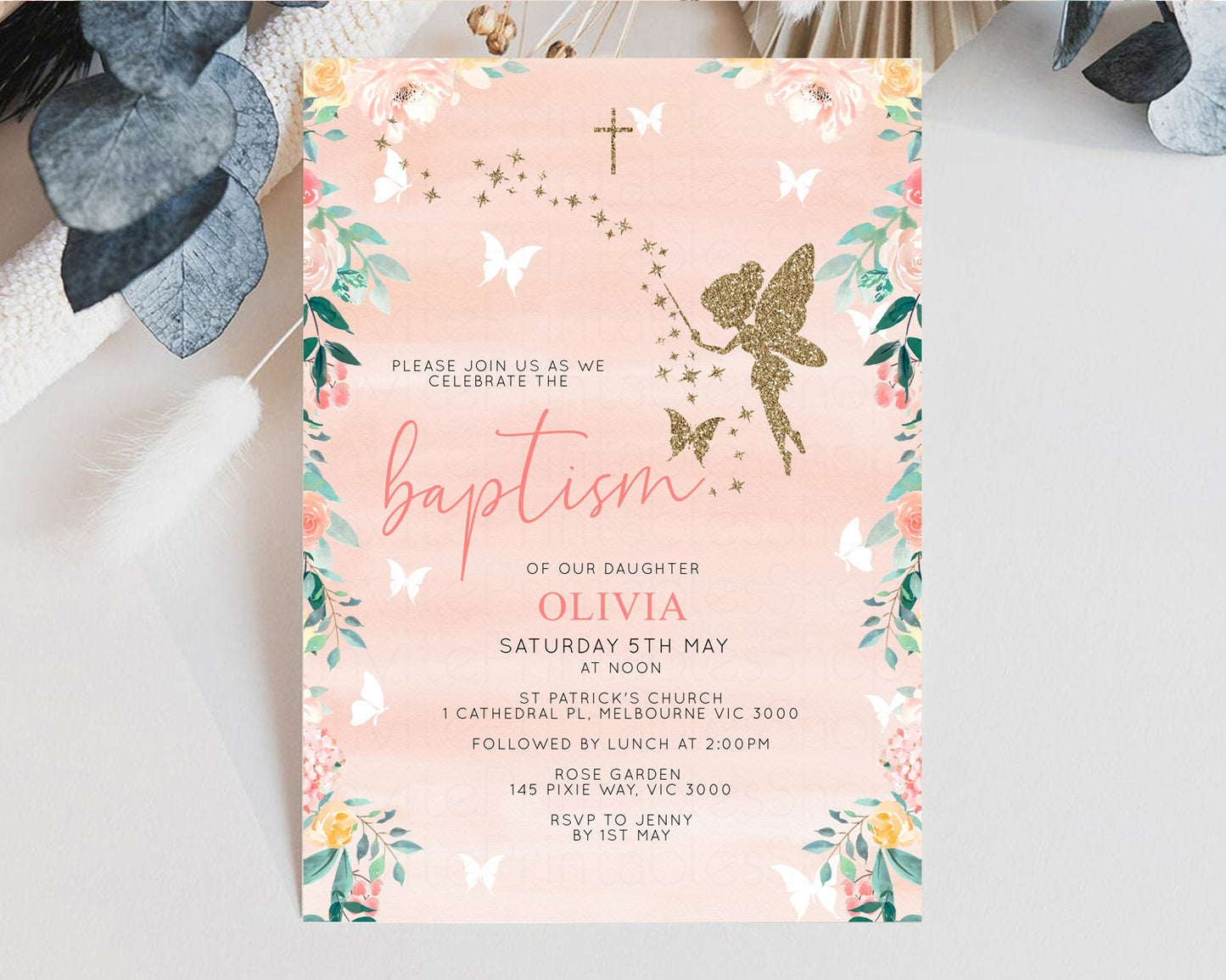 Fairy Baptism Invite Fairy Christening Invite Enchanted Forest Invite Secret Garden Invite Whimsical Floral Invite Botanical High Tea f238