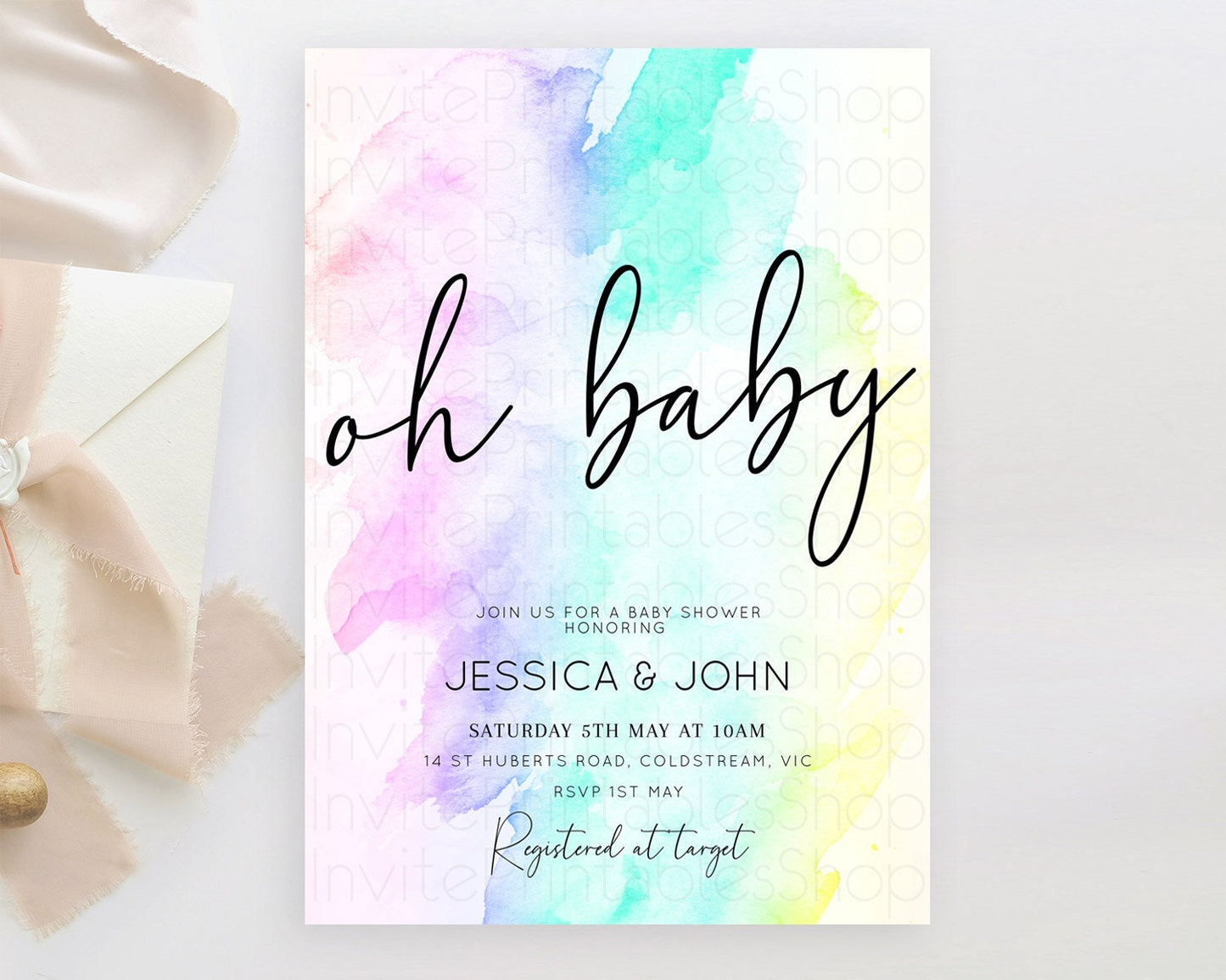 Pastel Rainbow Baby Shower Invitation With Gold Glitter Sprinkles, Colorful Watercolor Ombre Splash in Pink, Teal, and Yellow Theme D10231