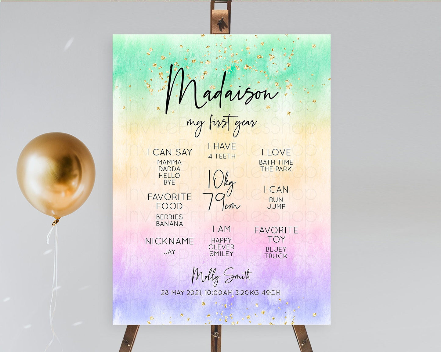 Pastel First Birthday Milestone Board Pastel Rainbow Milestone Poster Colorful Confetti Watercolor Glitter 1st Birthday Welcome Sign D10485