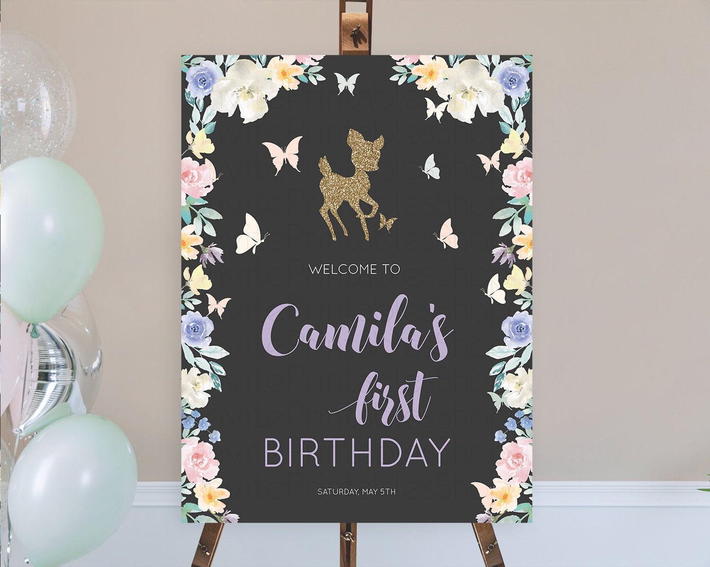 Fawn Welcome Sign Deer Welcome Board Floral Deer Welcome Poster Enchanted Forest Butterfly Pastel Floral First Birthday Welcome Sign D10880