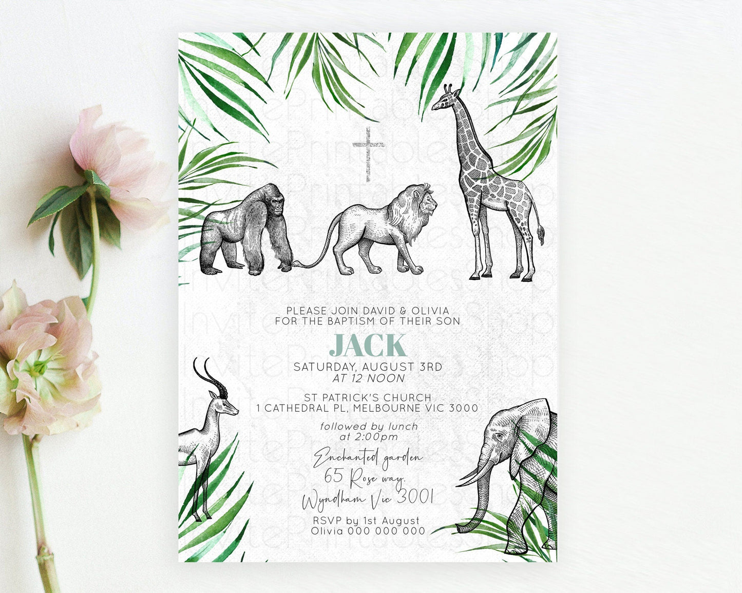 Safari Baptism Invitation Safari Adventure Baptism Birthday Invitation Lion Gorilla Elephant Rhino Tropical Palm Jungle Adventure D10853