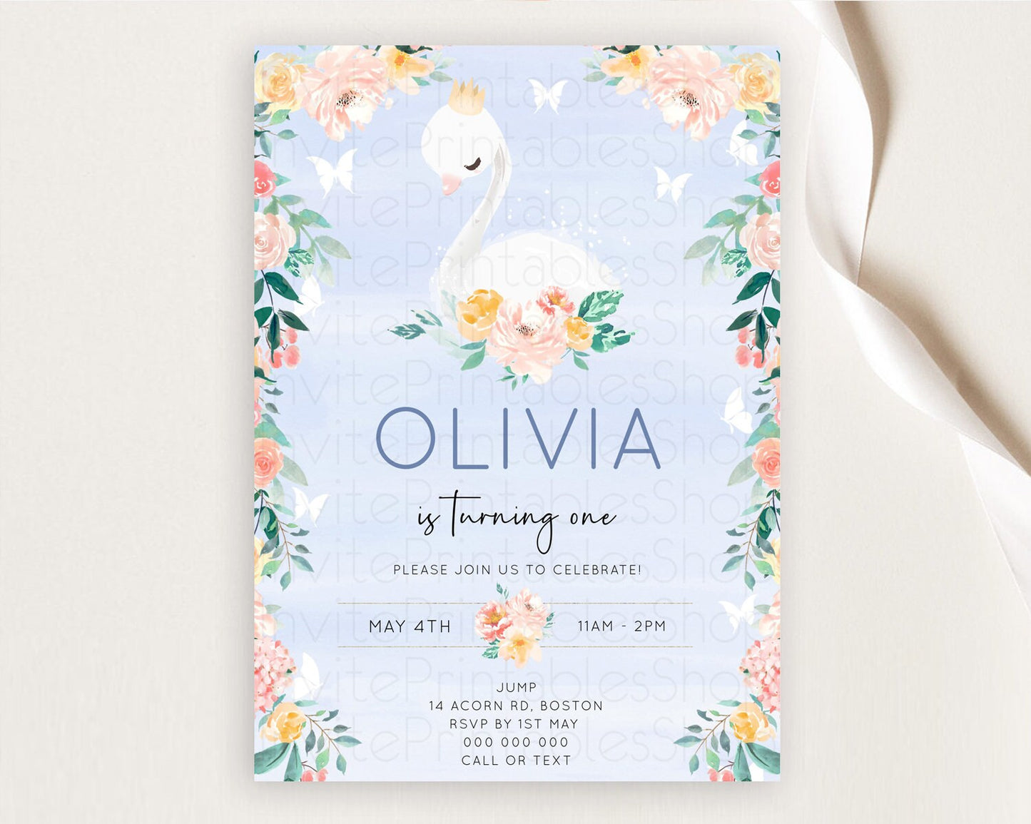 Swan Birthday Invitation Swan Princess Ballet Invitation Enchanted Forest Swan Lake Party Secret Garden Watercolour Pastel Floral D10885