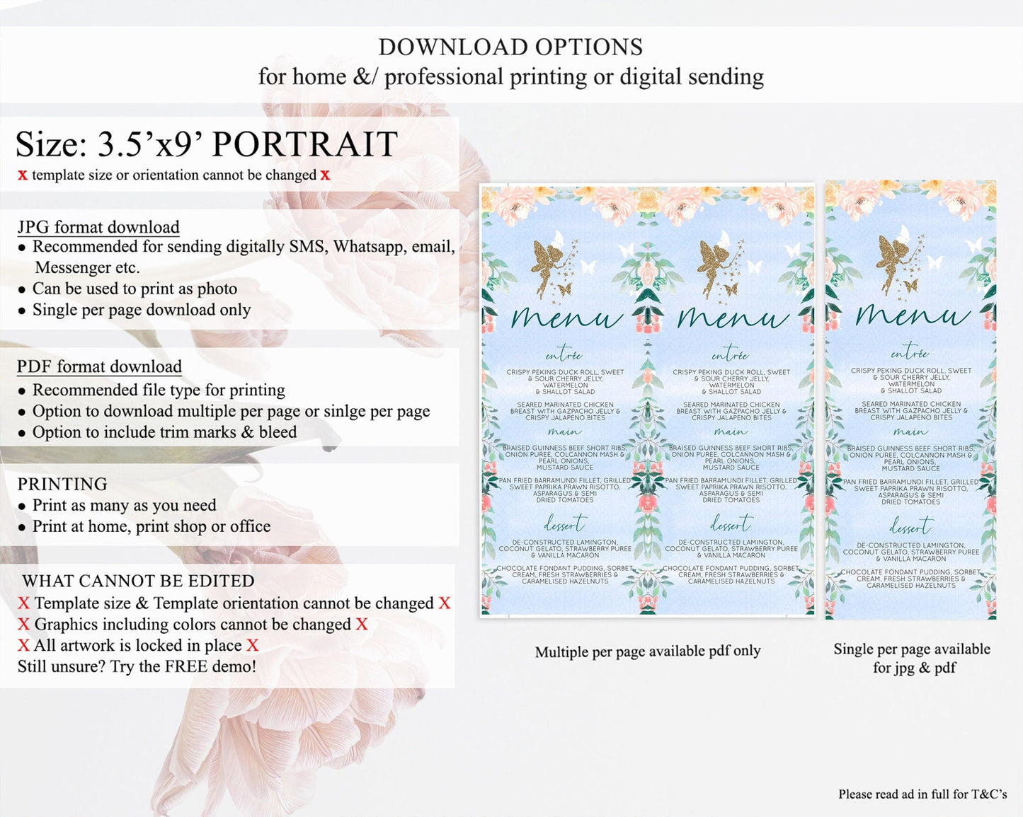 Fairy Menu Fairy Menu Template Enchanted Garden Pastel Floral Butterfly Table Decor Fairy Secret Garden Dinner Dessert Food Menu D10794