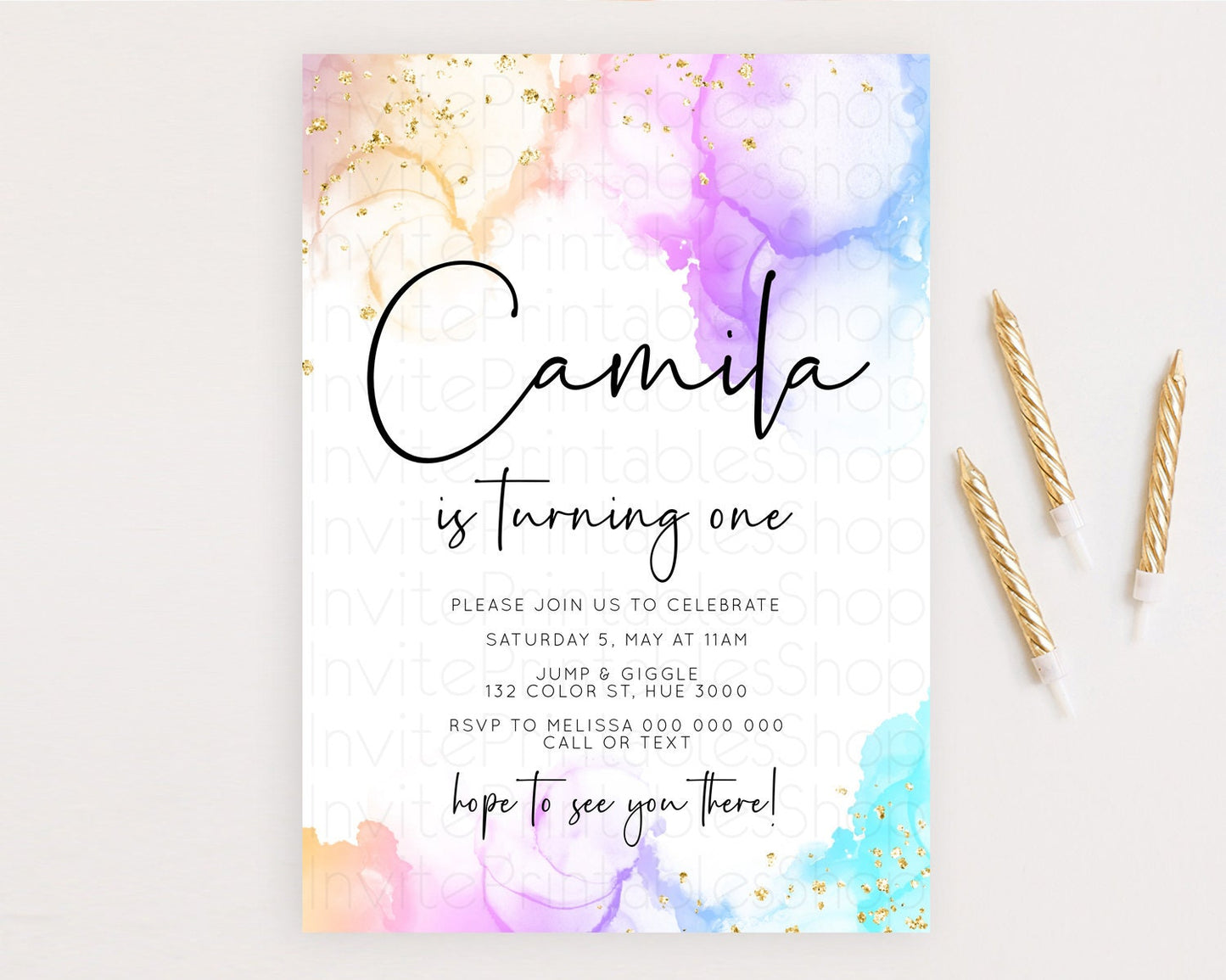Rainbow Birthday Invitation Colorful Pastel Watercolor Invitation Gold Glitter Sprinkles Ombre Pastel 1st 2nd 3rd Birthday D10180