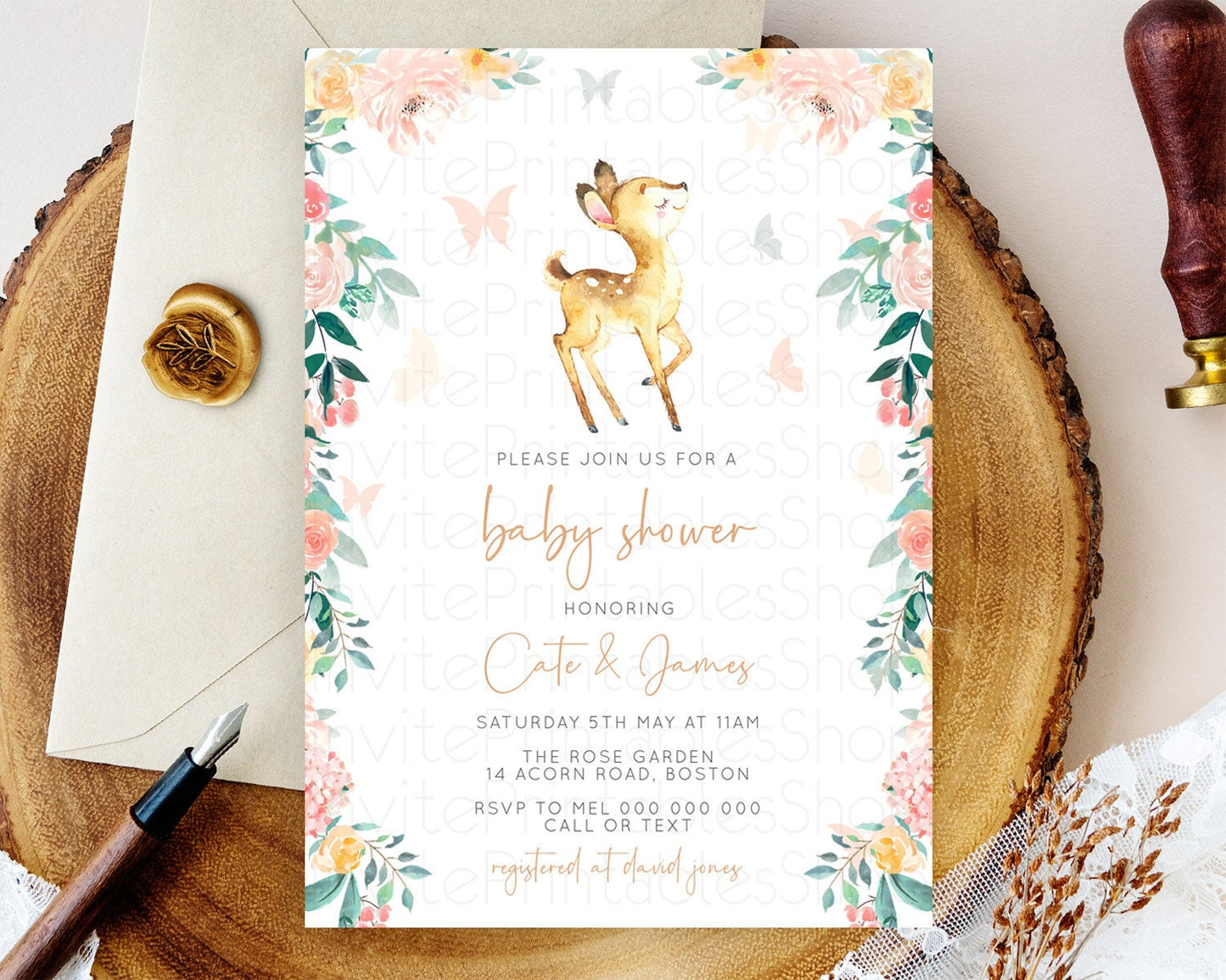 Fawn Baby Shower Invitation Deer Baby Shower Invites Enchanted Forest Theme Butterfly Pastel Flowers Whimsical Baby Shower D10753