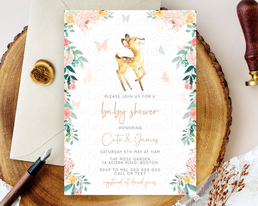 Fawn Baby Shower Invitation Deer Baby Shower Invites Enchanted Forest Theme Butterfly Pastel Flowers Whimsical Baby Shower D10753