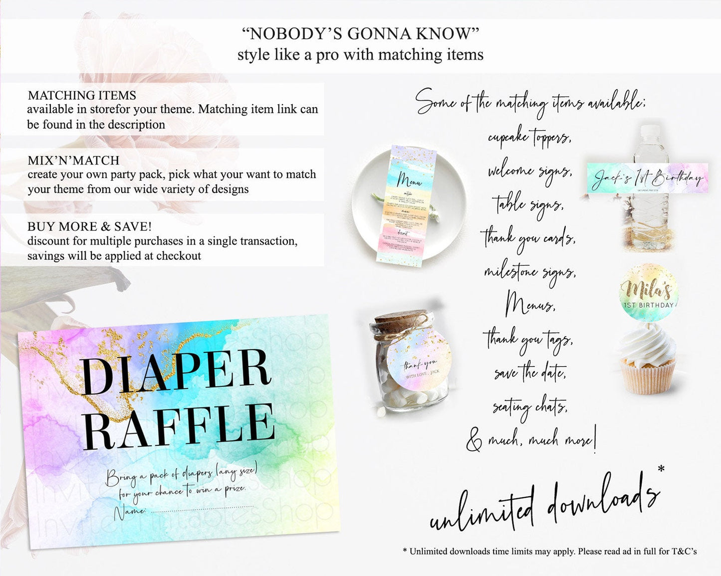 Pastel Diaper Raffle Card Pastel Rainbow Diaper Raffle Insert Colorful Ombre Watercolor Diaper Ticket Confetti Glitter Raffle Game D10393