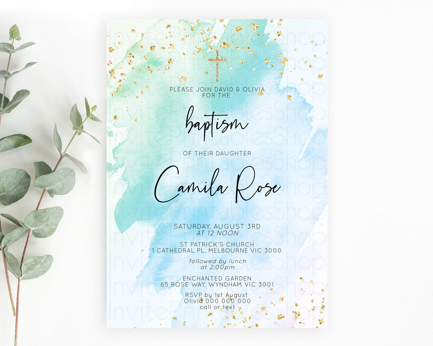 Blue Baptism Invitation Blue Watercolor Baptism 1st Birthday Invitation Pastel Blue Watercolor Christening Invite Blue Splash D10168