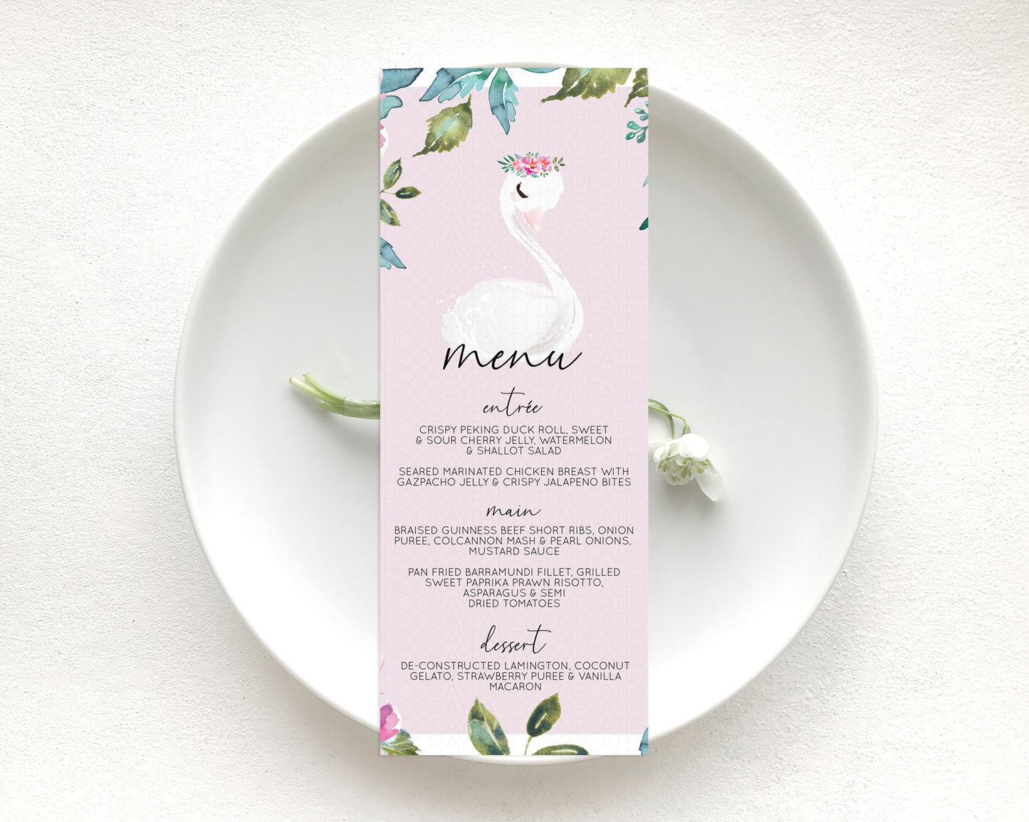 Swan Menu Swan Princess Ballet Menu Template Enchanted Swan Lake Table Decor Secret Garden Pastel Floral Dinner Dessert Food Menu  D10757