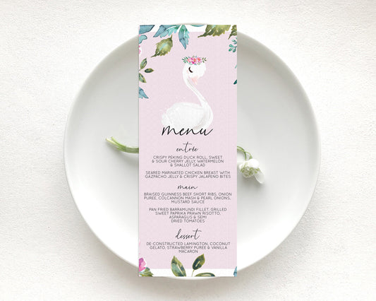 Swan Menu Swan Princess Ballet Menu Template Enchanted Swan Lake Table Decor Secret Garden Pastel Floral Dinner Dessert Food Menu  D10757