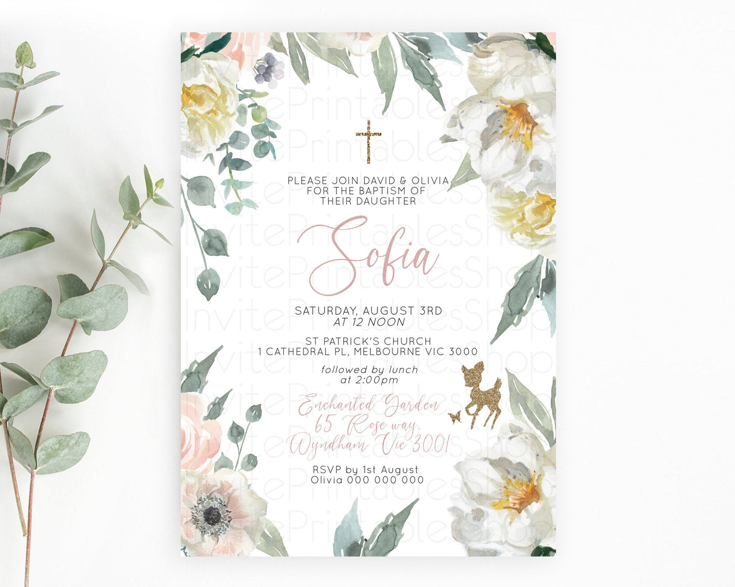 Fawn Baptism Invitation Deer Baptism 1st Birthday Invitation Enchanted Forest Christening Invitation Pastel Garden Butterfly Floral D10120