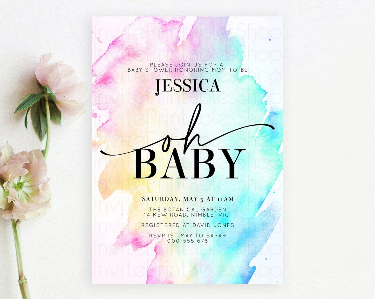 Pastel Baby Shower Invitation Rainbow Baby Shower Invitation Colorful Pastel Watercolor Invitation Gold Glitter Sprinkles Ombre D11020