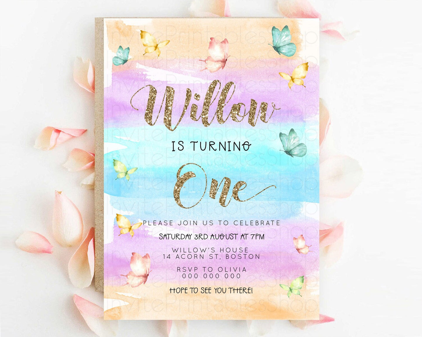 Pastel Butterfly Birthday Invitation Butterfly Birthday Invitation Colorful Splash Glitter Butterfly Garden 1st 2nd Birthday D23225