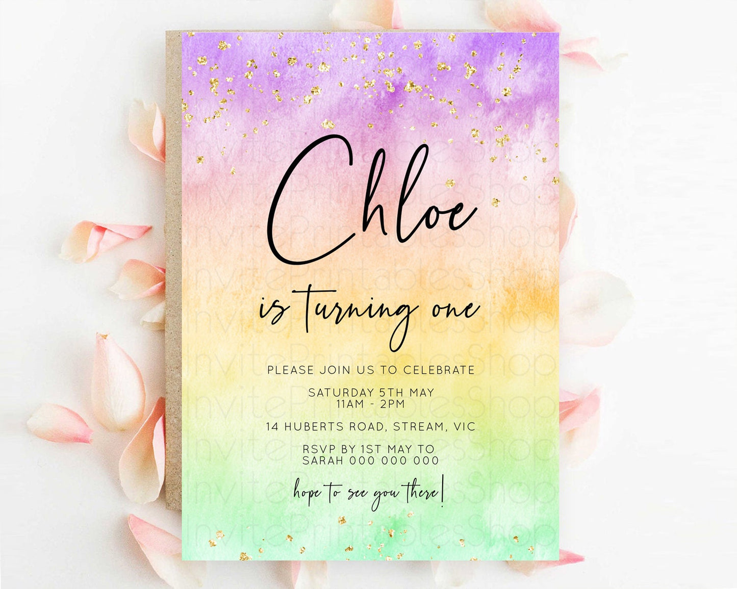 Rainbow Birthday Invitation Colorful Pastel Watercolor Invitation Gold Glitter Sprinkles Ombre Pastel 1st 2nd 3rd Birthday D10514