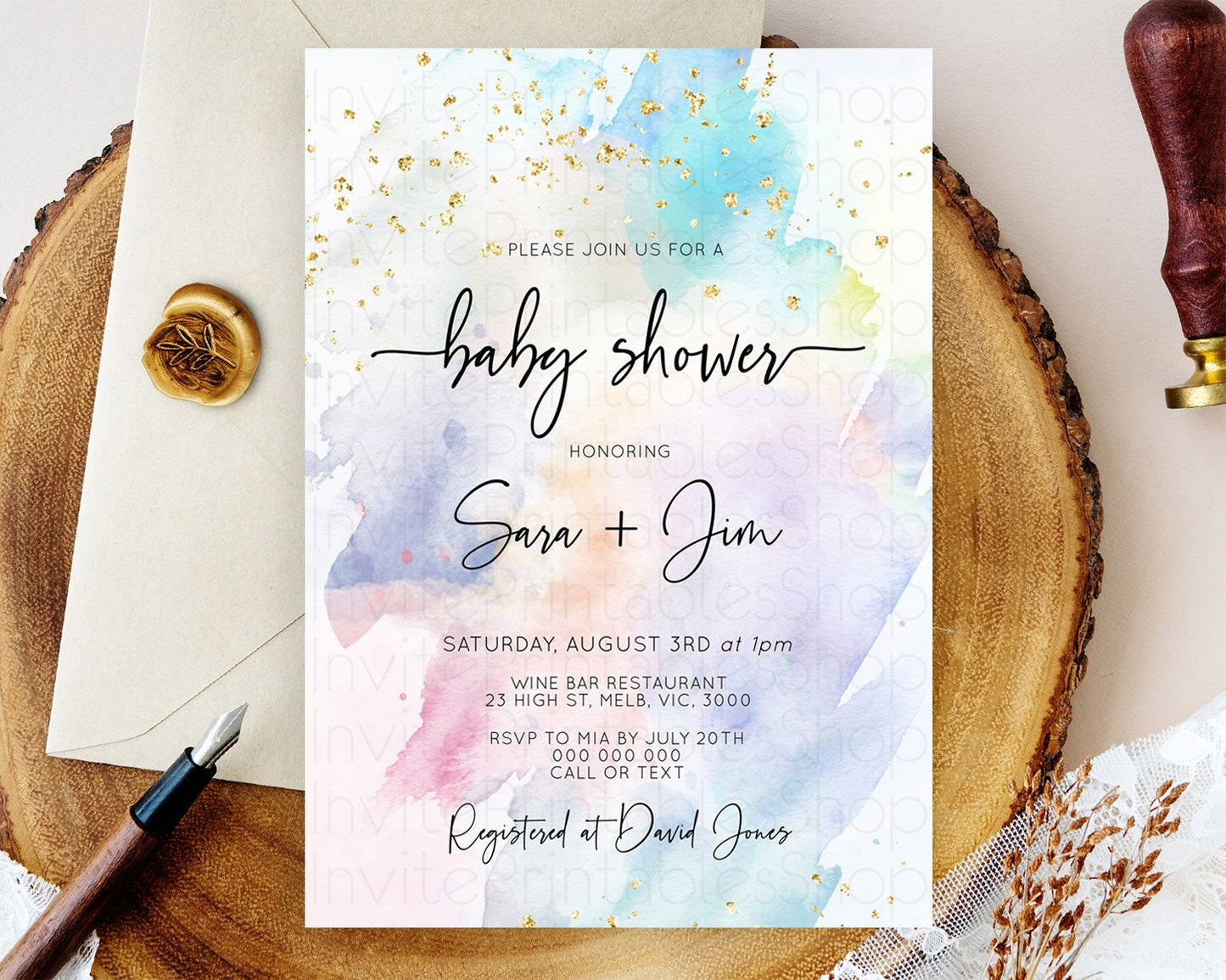 Pastel Baby Shower Invitation Rainbow Baby Shower Invitation Colorful Pastel Watercolor Invitation Gold Glitter Sprinkles Ombre D10424