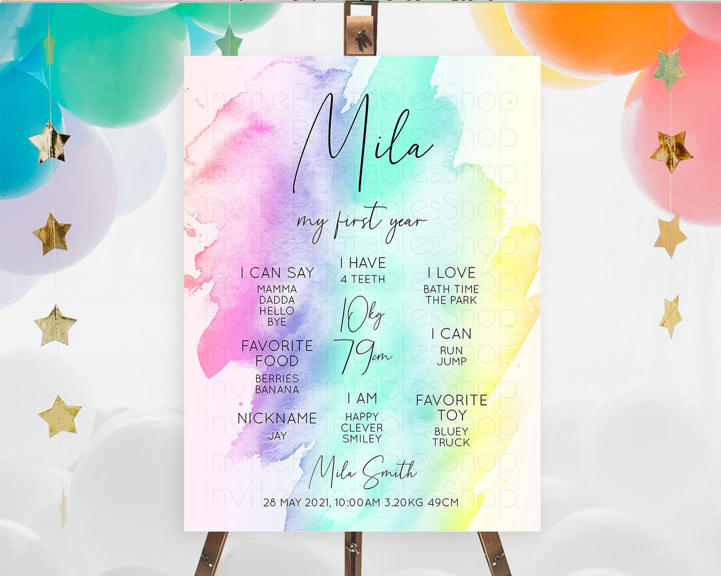 Pastel First Birthday Milestone Board Pastel Rainbow Milestone Poster Colorful Confetti Watercolor Glitter 1st Birthday Welcome Sign D10231