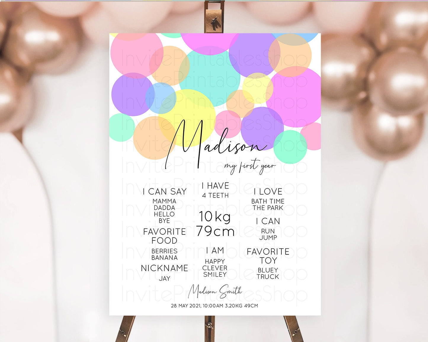 Pastel First Birthday Milestone Poster Pastel Rainbow Confetti First Birthday Milestone Board Colorful Bubbles Birthday Welcome Sign D10888