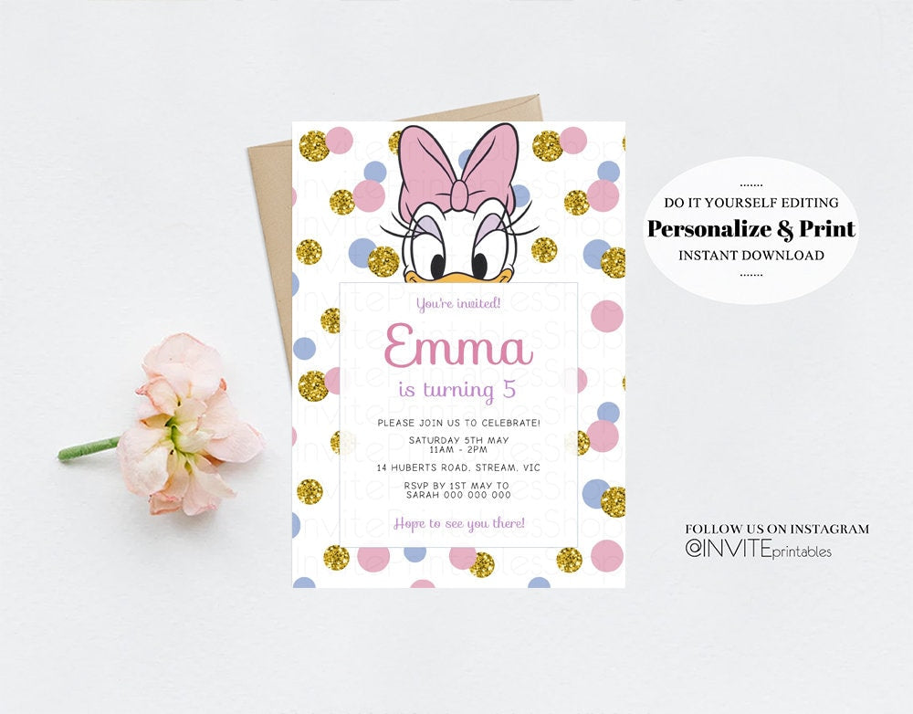 Editable Birthday Invitiations, Daisy Duck Invitation, Polka Dots Invites, G