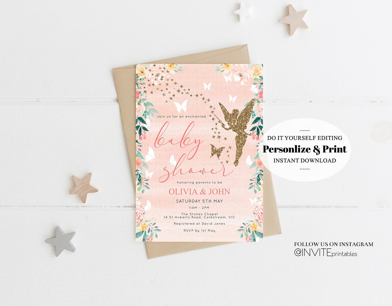 Fairy Baby Shower Invitation Enchanted Baby Shower Tinkerbell Gold Glitter Pixie Sprinkle Twinkle Stars Fairytale Pastel Watercolor Flowers