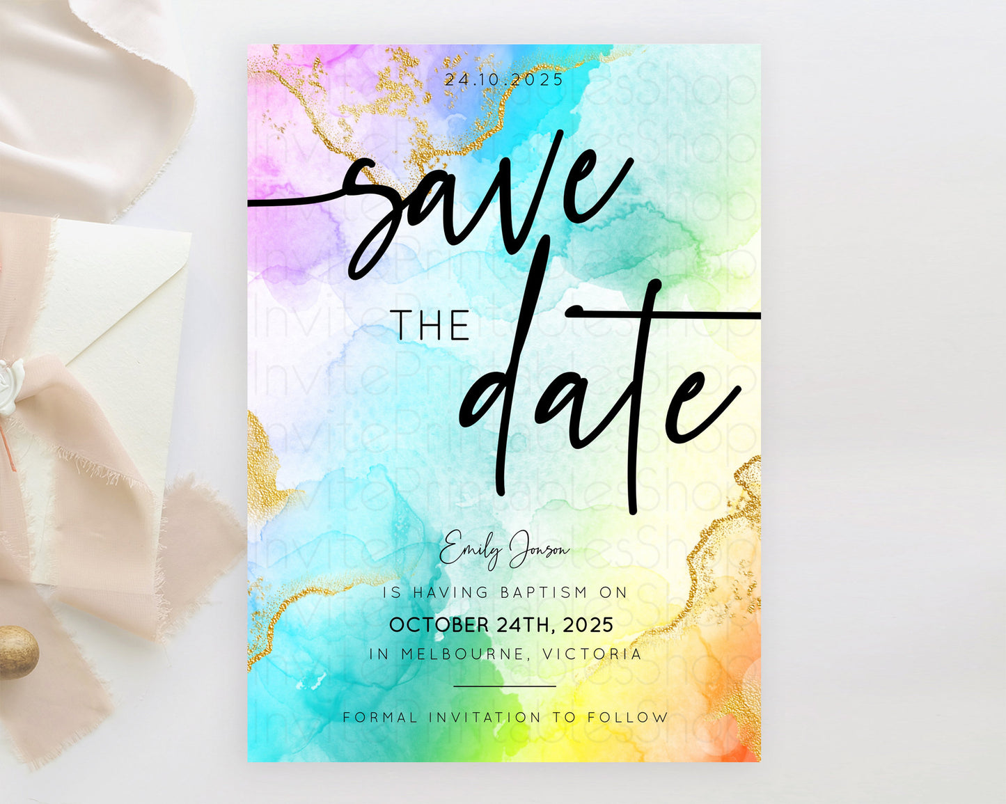 Editable Pastel Save The Date Template Pastel Ombre Rainbow Watercolor Color