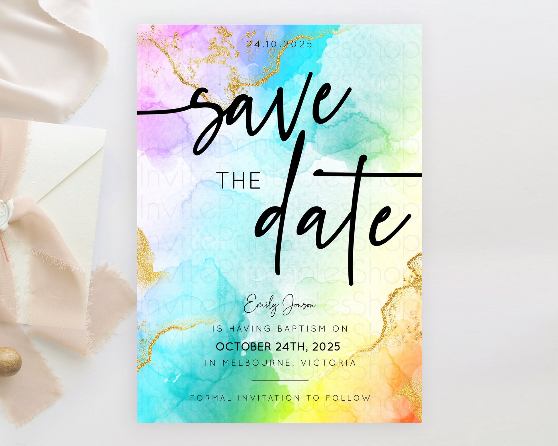 Editable Pastel Save The Date Template Pastel Ombre Rainbow Watercolor Color