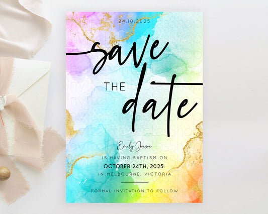 Editable Pastel Save The Date Template Pastel Ombre Rainbow Watercolor Color