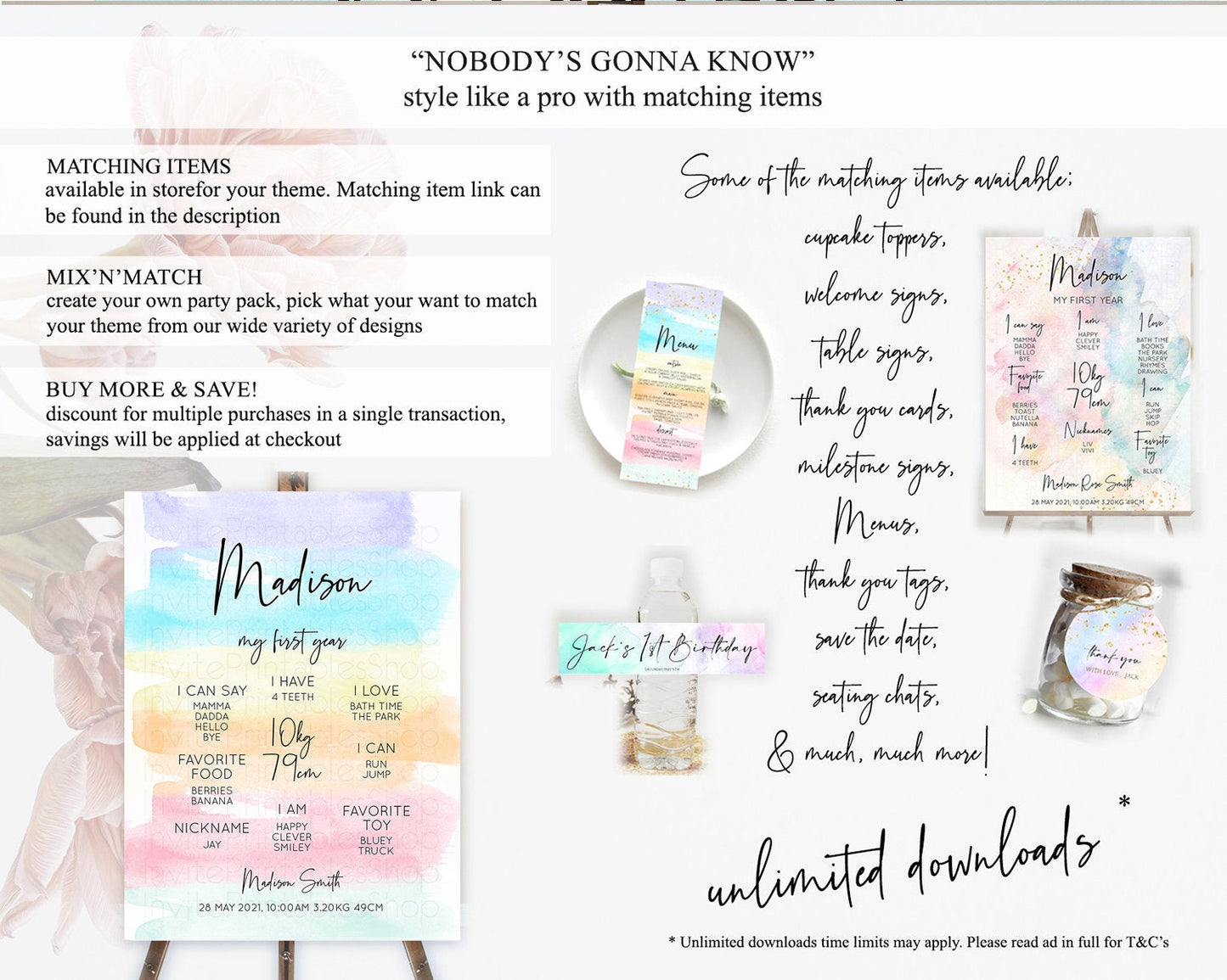 Pastel First Birthday Milestone Board Pastel Rainbow Milestone Poster Colorful Confetti Watercolor Glitter 1st Birthday Welcome Sign D10505