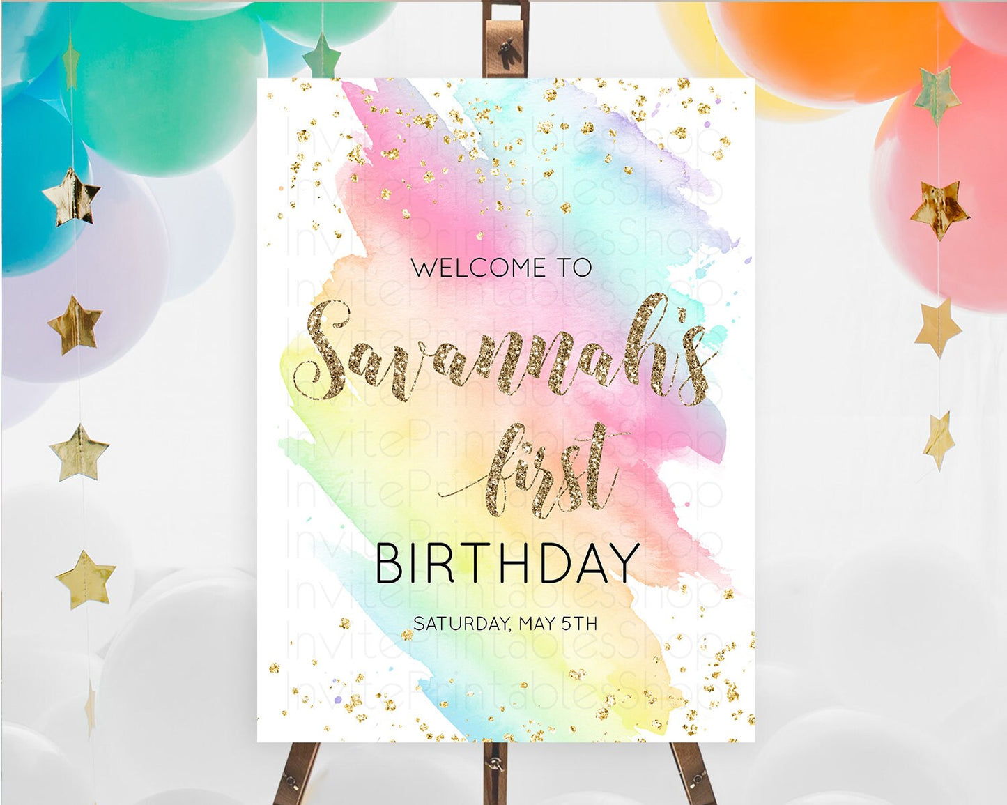 Pastel Welcome Sign Pastel Rainbow Welcome Sign Colorful Rainbow Confetti Watercolor Glitter Pastel First Birthday Welcome Sign D10495