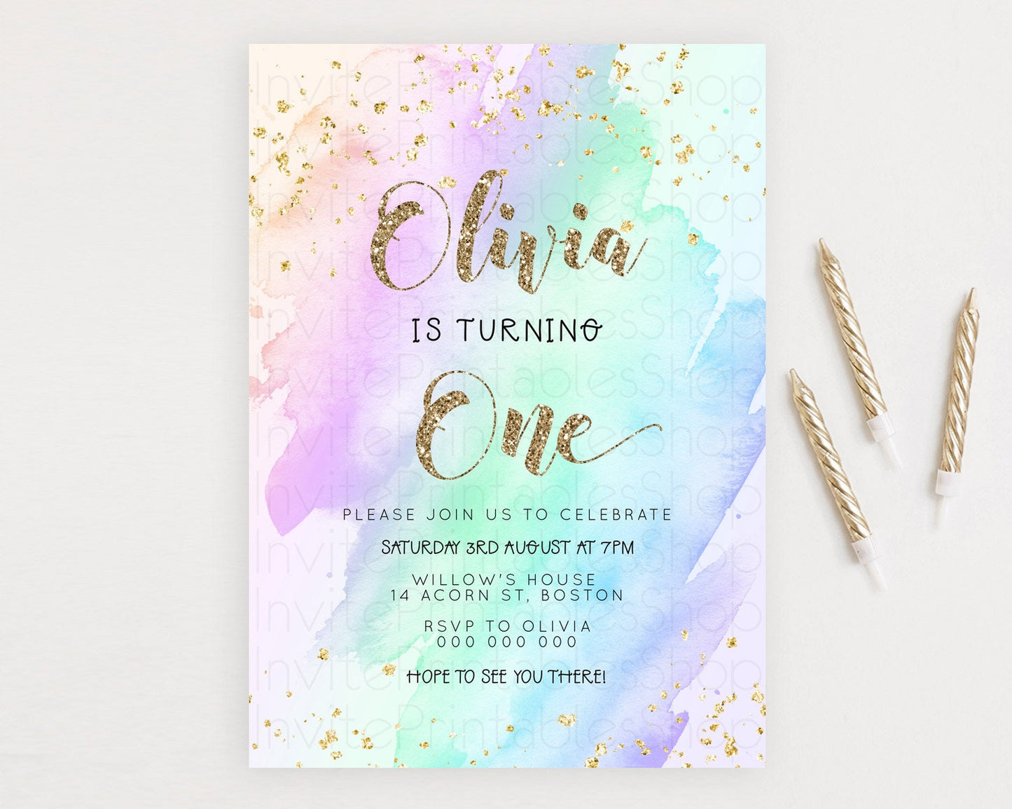 Rainbow Birthday Invitation Colorful Pastel Watercolor Invitation Gold Glitter Sprinkles Ombre Pastel 1st 2nd 3rd Birthday D23284