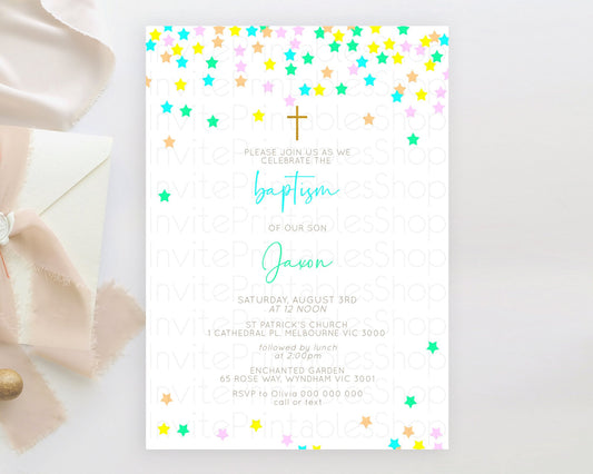 Editable Star Baptism Invitation Pastel Stars Baptism 1st Birthday Invitatio