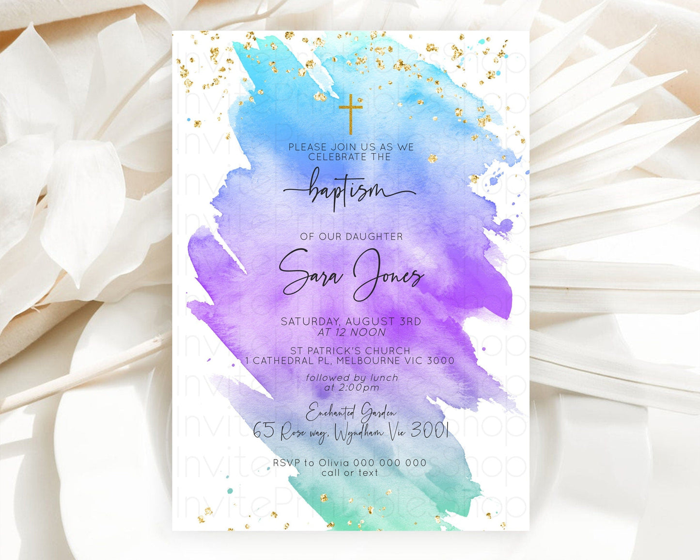 Pastel Baptism Invitation Pastel Colors Watercolor Baptism 1st Birthday Party Gold Ombre Pastel Rainbow Christening Holy Communion D10491
