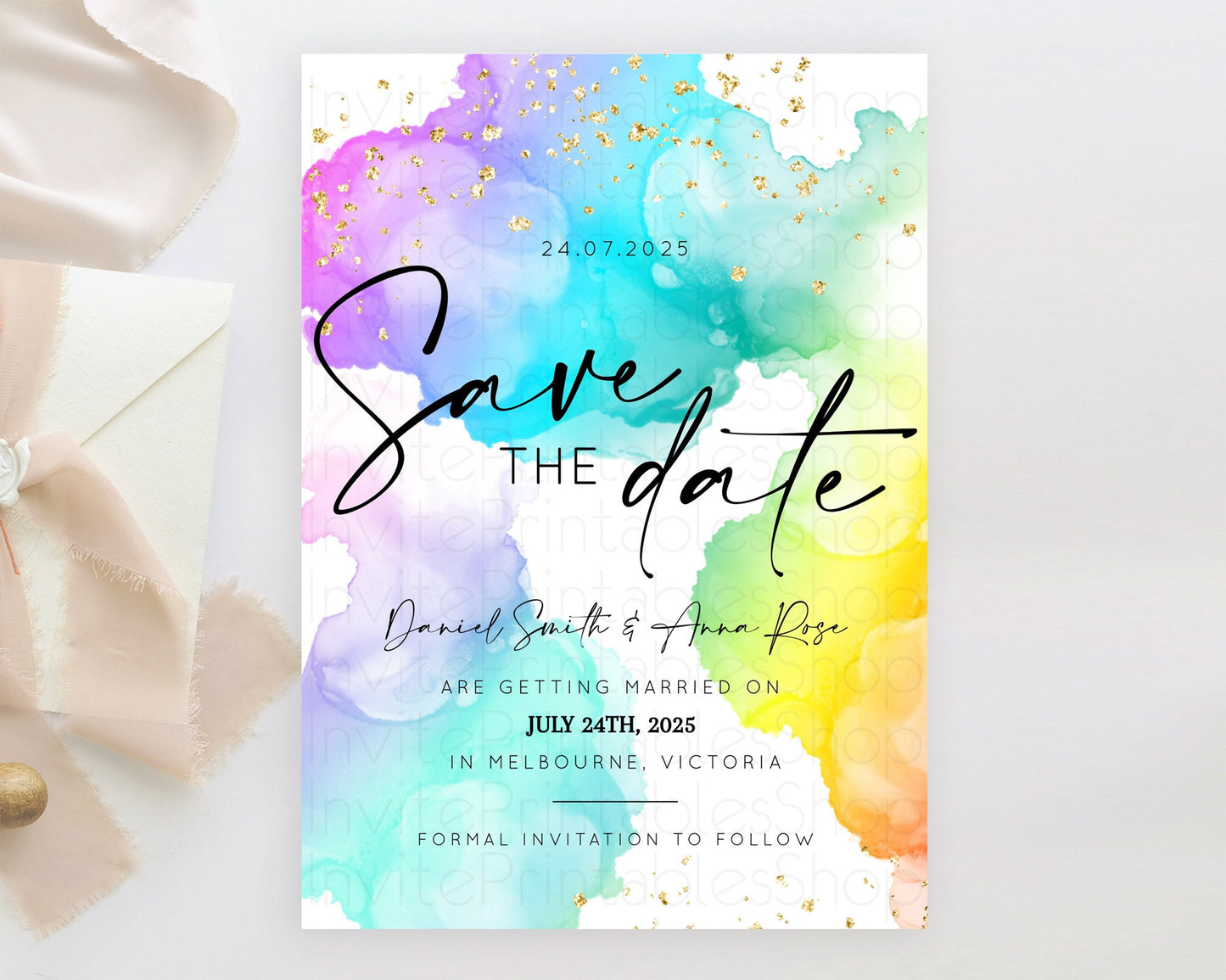 Pastel Save The Date Template Pastel Ombre Rainbow Watercolor Colorful Party For Birthday Baptism Baby Shower Wedding Bridal Shower D10213