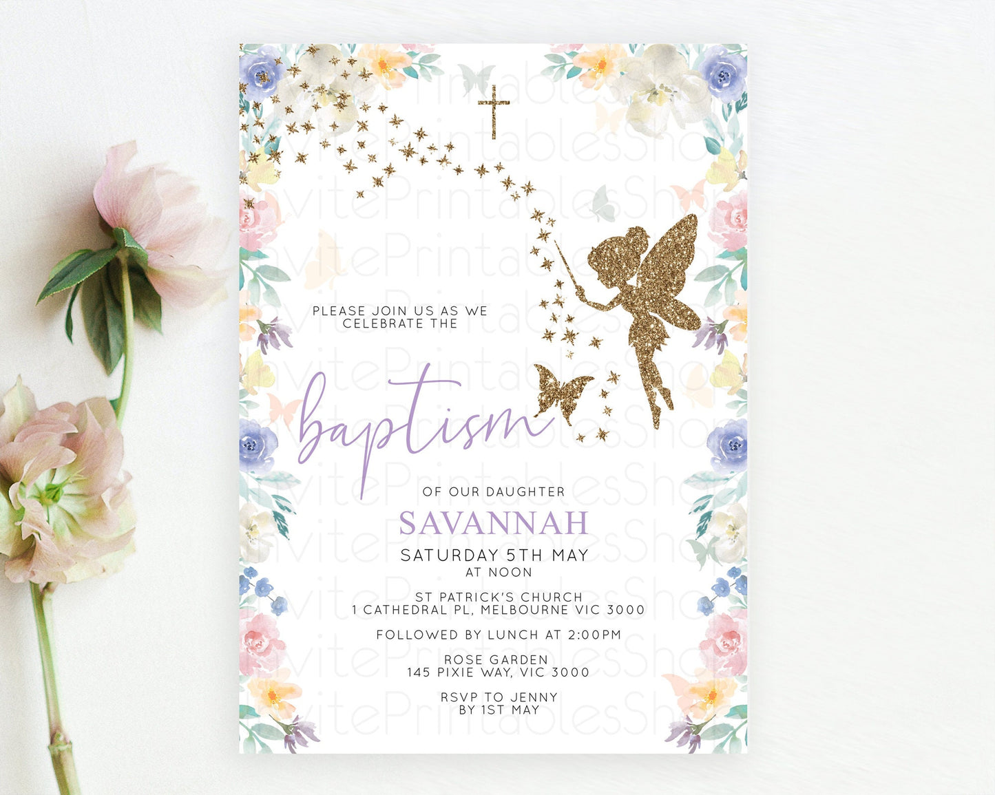 Fairy Baptism Invitation Fairy Baptism 1st Birthday Invitation Enchanted Secret Garden Christening Invite Pastel Floral Butterfly D10761