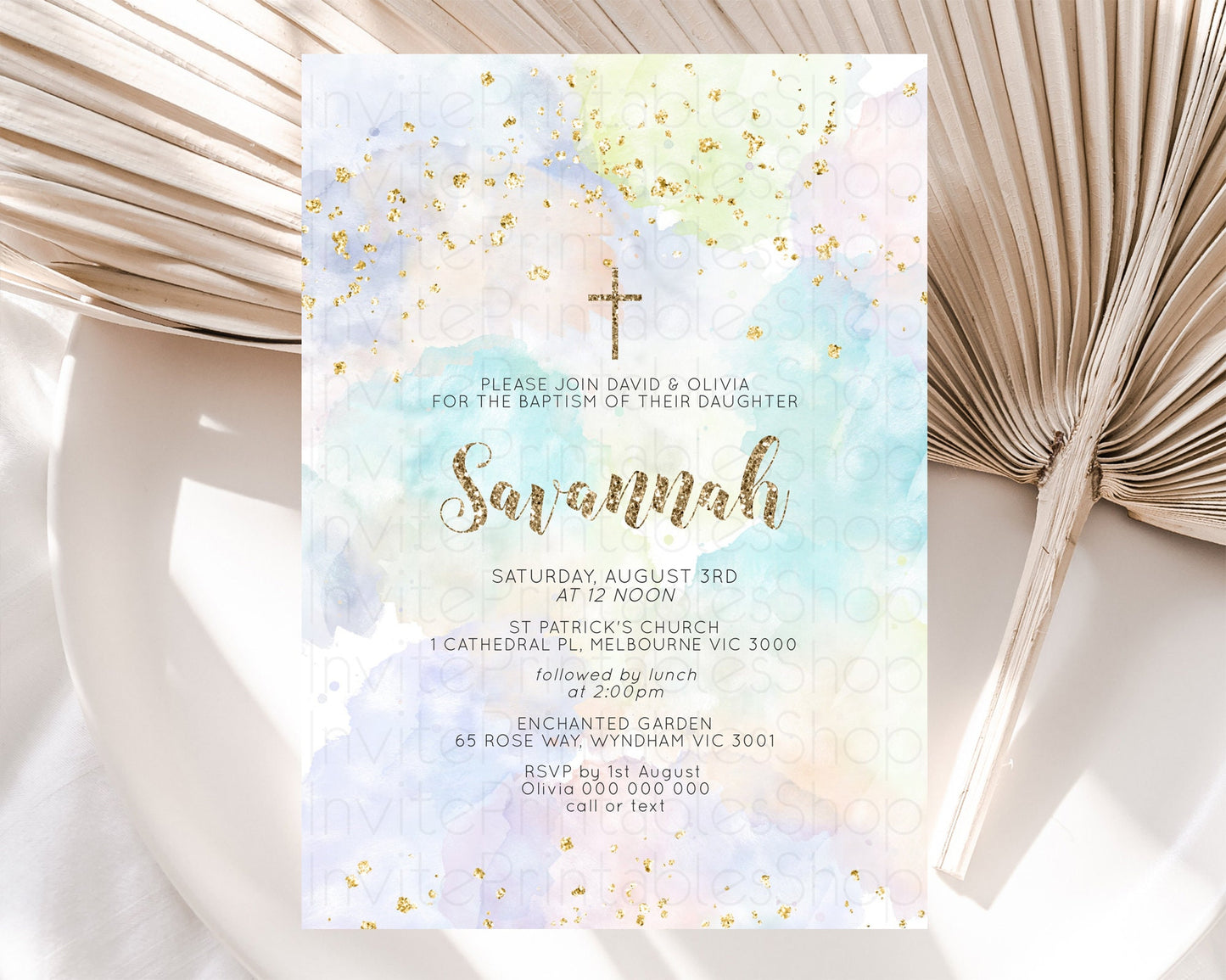 Pastel Baptism Invitation Pastel Colors Watercolor Baptism 1st Birthday Party Gold Ombre Pastel Rainbow Christening Holy Communion D10614