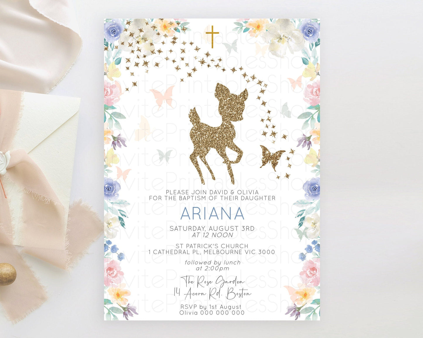 Fawn Baptism Invitation Deer Baptism 1st Birthday Invitation Enchanted Forest Christening Invitation Pastel Garden Butterfly Floral D10878