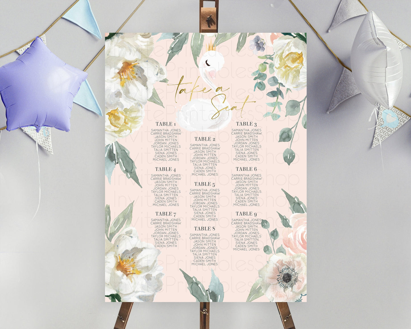 Swan Seating Chart Swan Princess Ballet Seating Sign Watercolour Pastel Floral Enchanted Forest Swan Lake Party Decor Secret Garden D10115