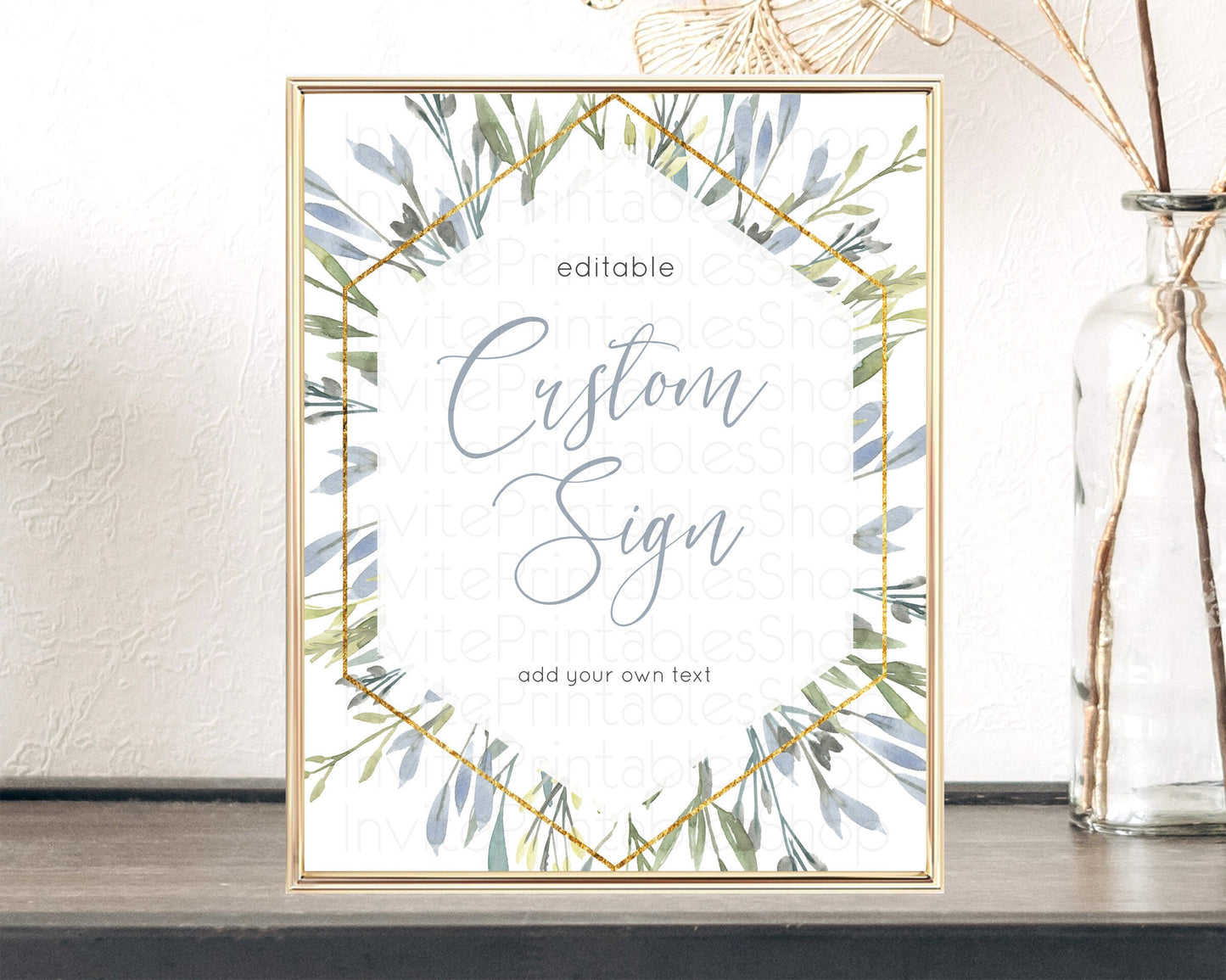 Editable Green Leafy Table Sign Decor Eucalyptus Fern Leaves Watercolor Boho