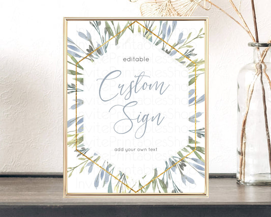 Editable Green Leafy Table Sign Decor Eucalyptus Fern Leaves Watercolor Boho