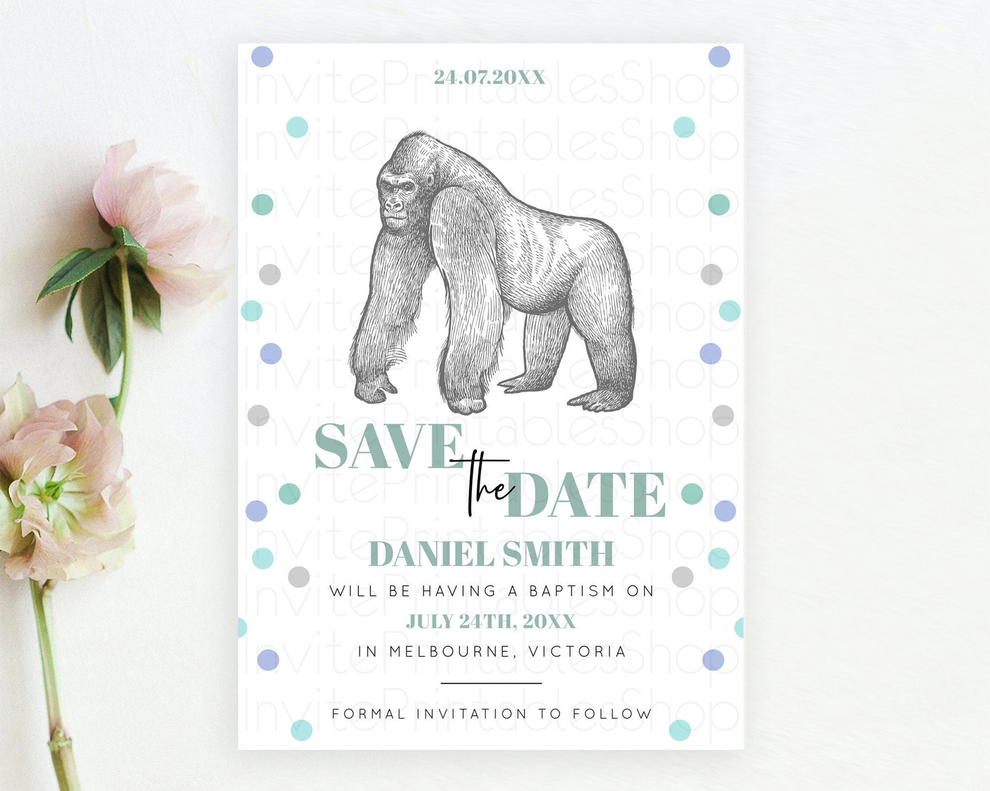 Gorilla Save The Date Template Gorilla Party Save The Date Safari Adventure Gorilla Minimal Theme 1st Birthday Baptism Baby Shower D10854