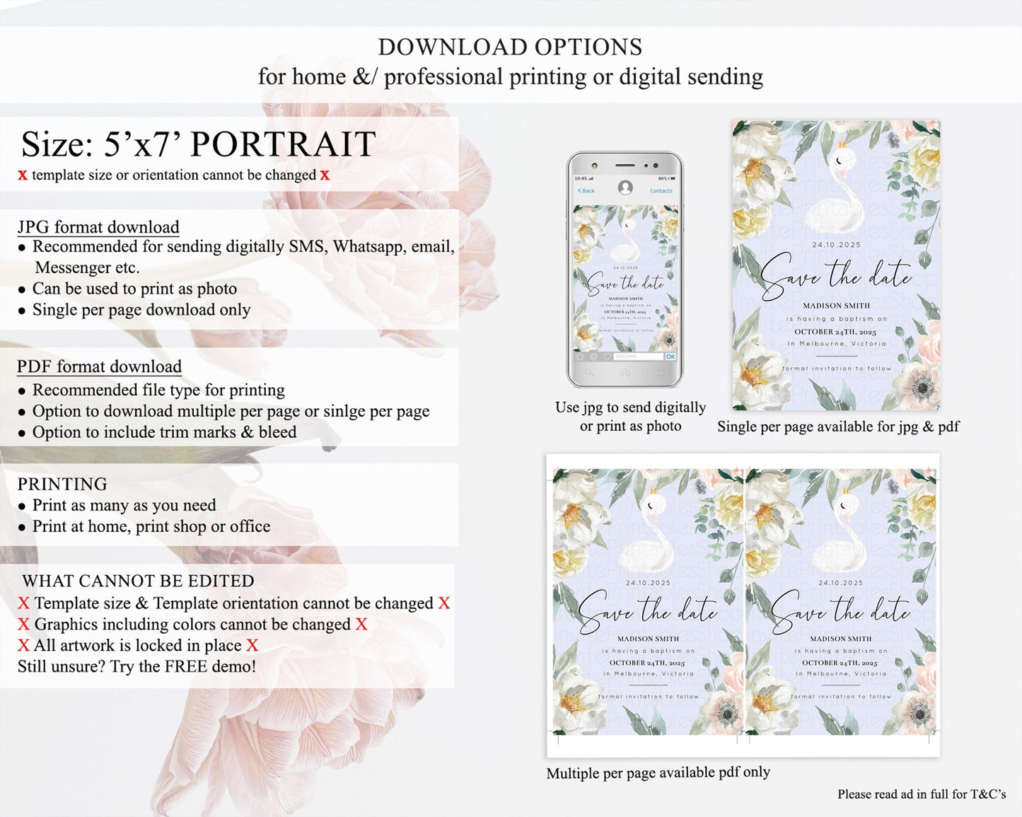 Swan Save The Date Template Swan Princess Ballet Party Enchanted Swan Lake Secret Garden Pastel Floral Birthday Baptism Baby Shower D10756