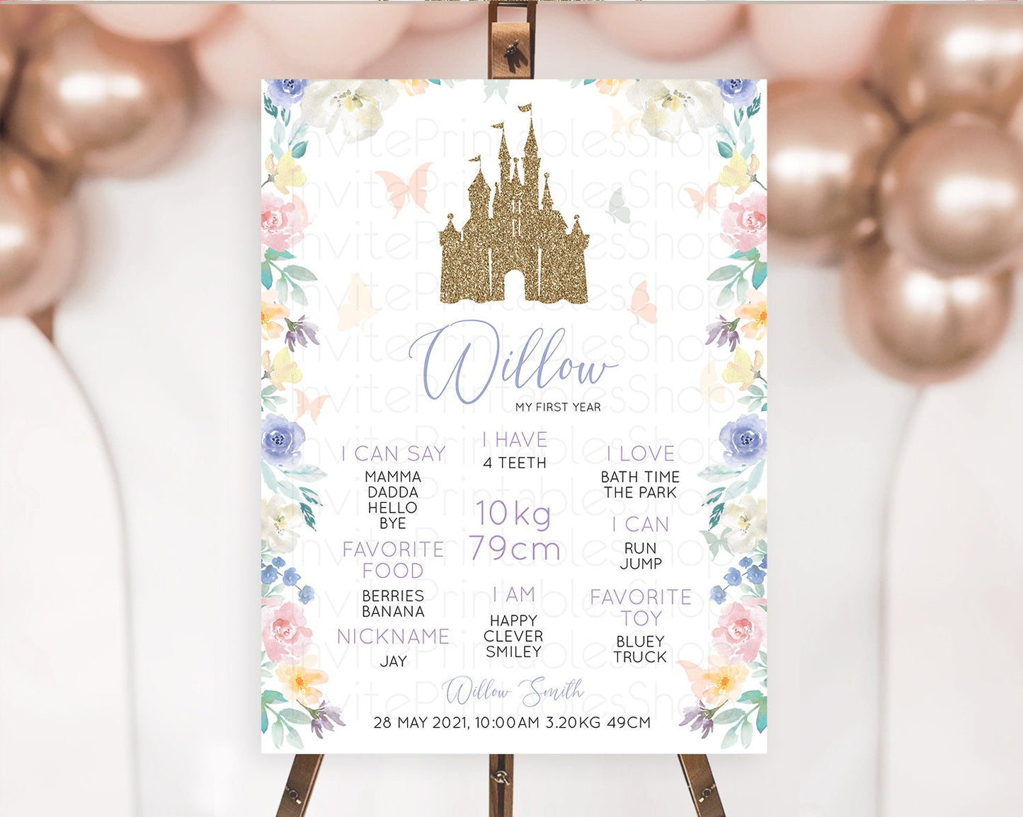 Princess First Birthday Milestone Poster Castle Milestone Board Secret Garden Enchanted Castle Pastel Floral Garden First Birthday D10931