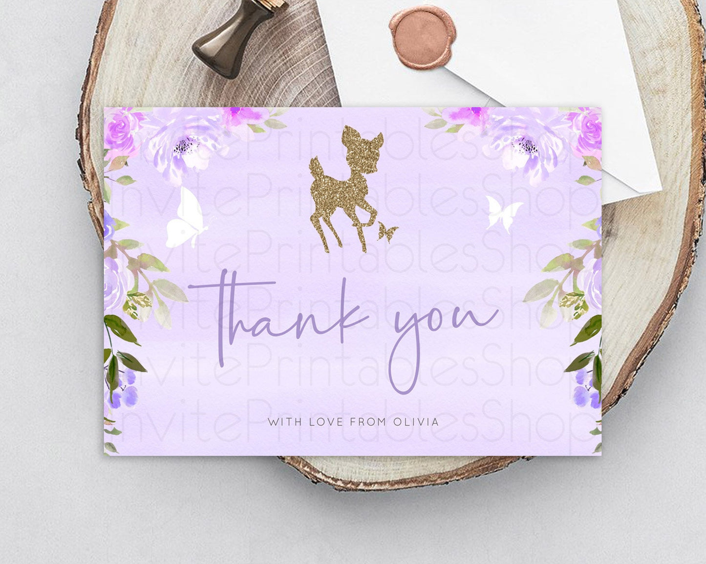 Fawn Thank You Deer Thank You Card Pastel Floral Deer Birthday Thank You Card Enchanted Forest Butterfly Deer Teacher Thank You Card D10963