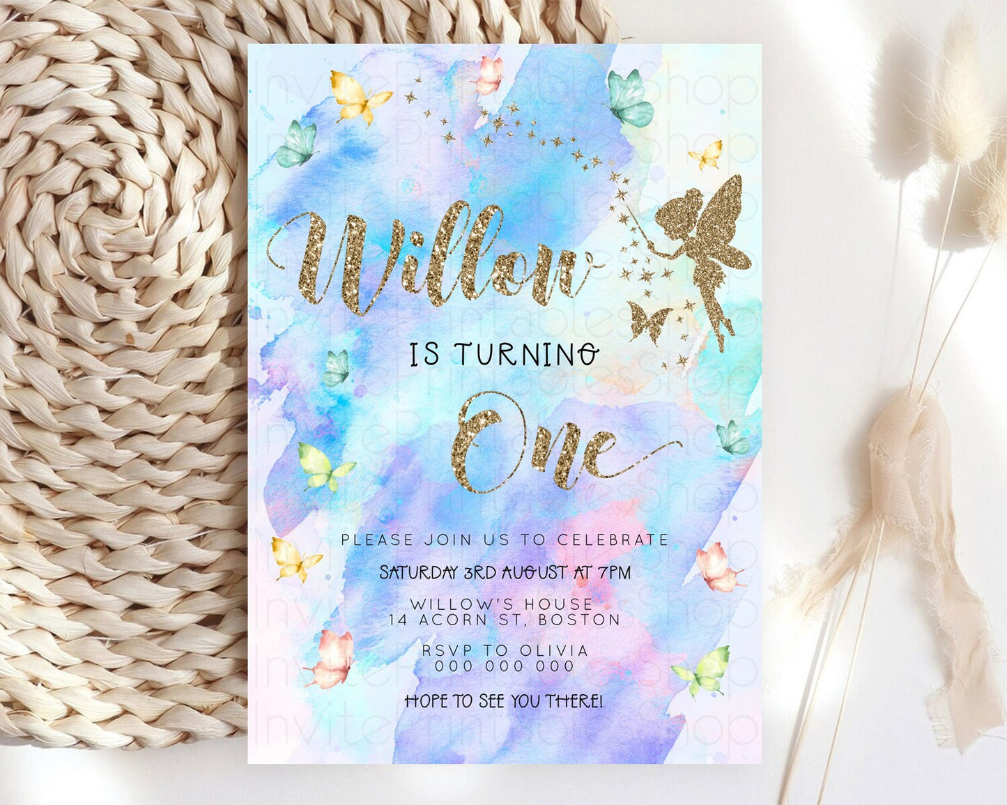 Pastel Fairy Birthday Invitation Pastel Butterflies Fairy Birthday Invitation Rainbow Ombre Watercolor 1st 2nd Birthday Invitation D23339