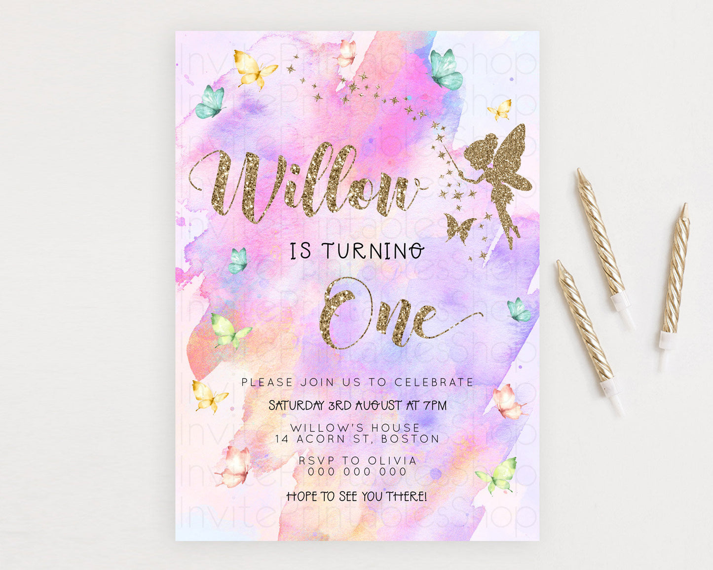 Pastel Fairy Birthday Invitation Pastel Butterflies Fairy Birthday Invitation Rainbow Ombre Watercolor 1st 2nd Birthday Invitation D23345