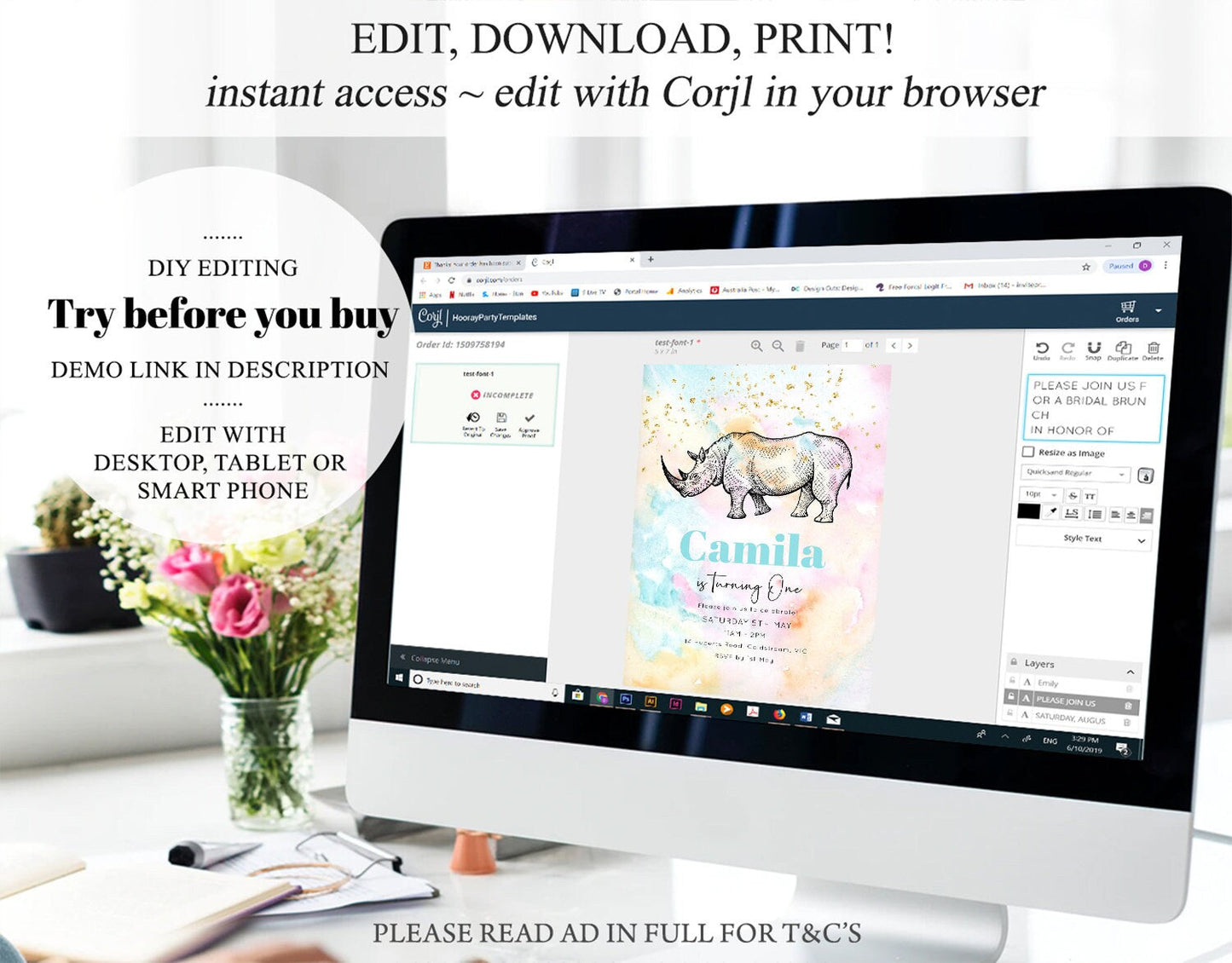 Pastel Rhinoceros Birthday Invitation Pastel Rhino Invite Rainbow Rhino Invitation Colorful Watercolor Invite Safari Zoo Glitter Invite W286