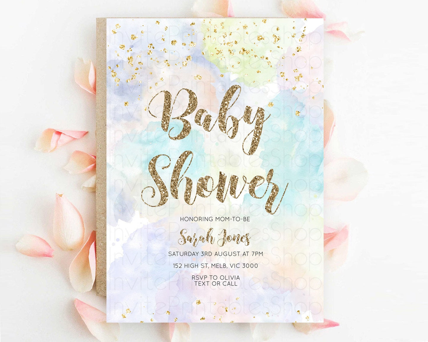 Pastel Baby Shower Invitation Rainbow Baby Shower Invitation Colorful Pastel Watercolor Invitation Gold Glitter Sprinkles Ombre D10614