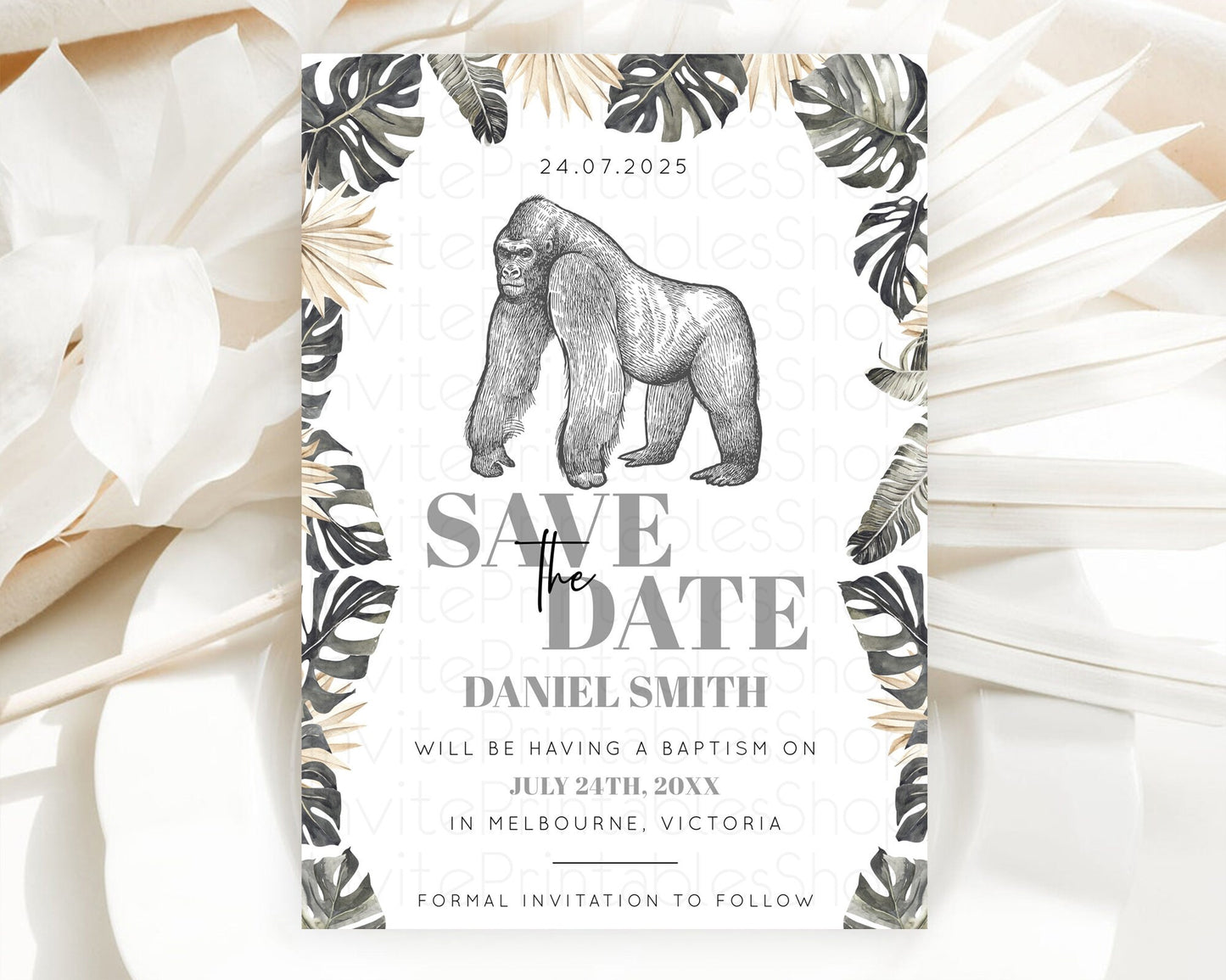 Gorilla Save The Date Template Gorilla Party Save The Date Safari Adventure Gorilla Minimal Theme 1st Birthday Baptism Baby Shower D10825