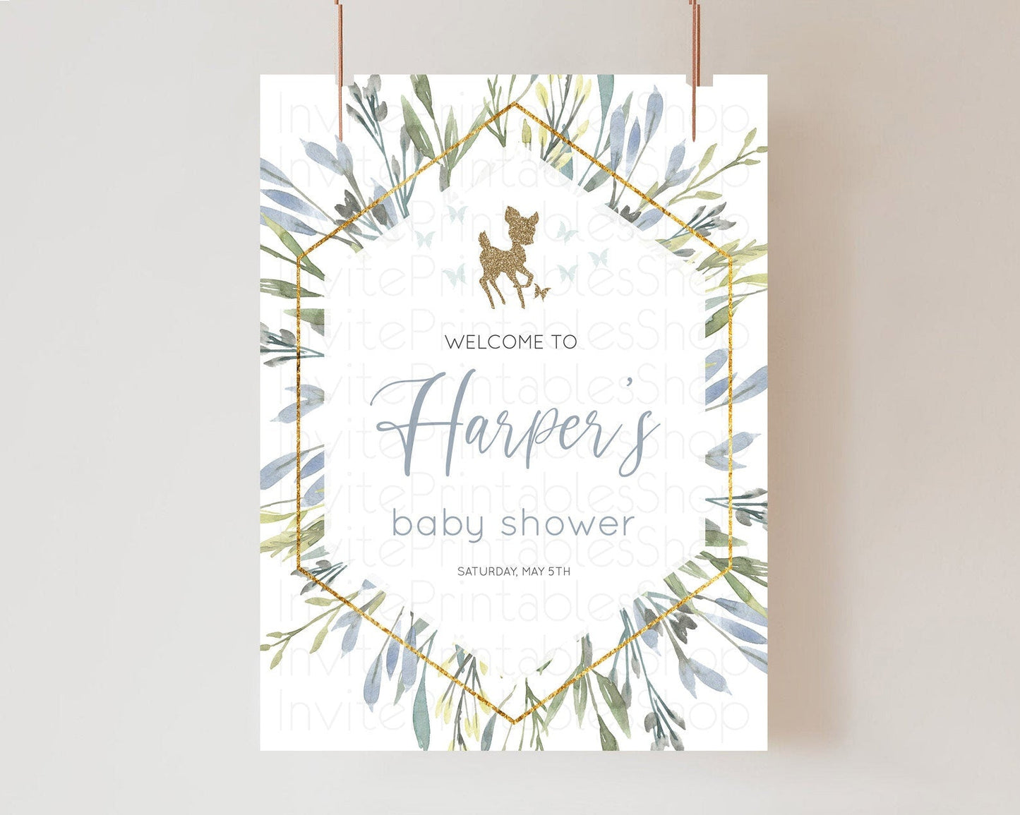 Fawn Baby Shower Welcome Sign Deer Welcome Board Floral Deer Welcome Poster Enchanted Forest Butterfly Pastel Floral Welcome Sign D10534