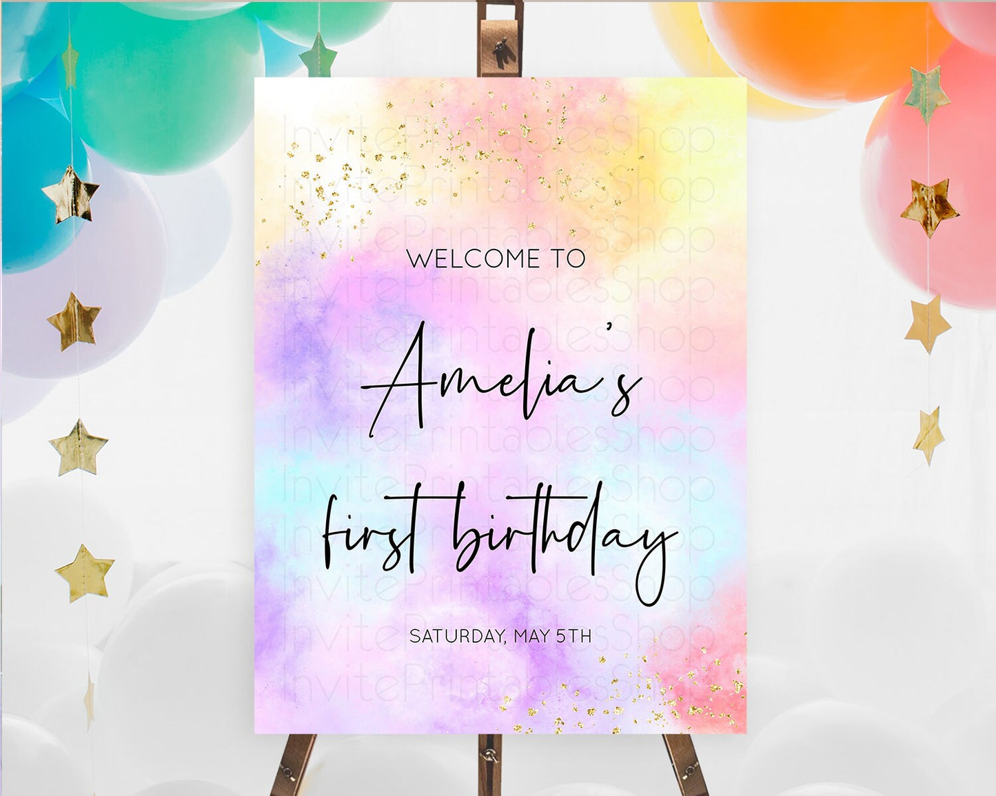 Pastel Welcome Sign Pastel Rainbow Welcome Sign Colorful Rainbow Confetti Watercolor Glitter Pastel First Birthday Welcome Sign D10438