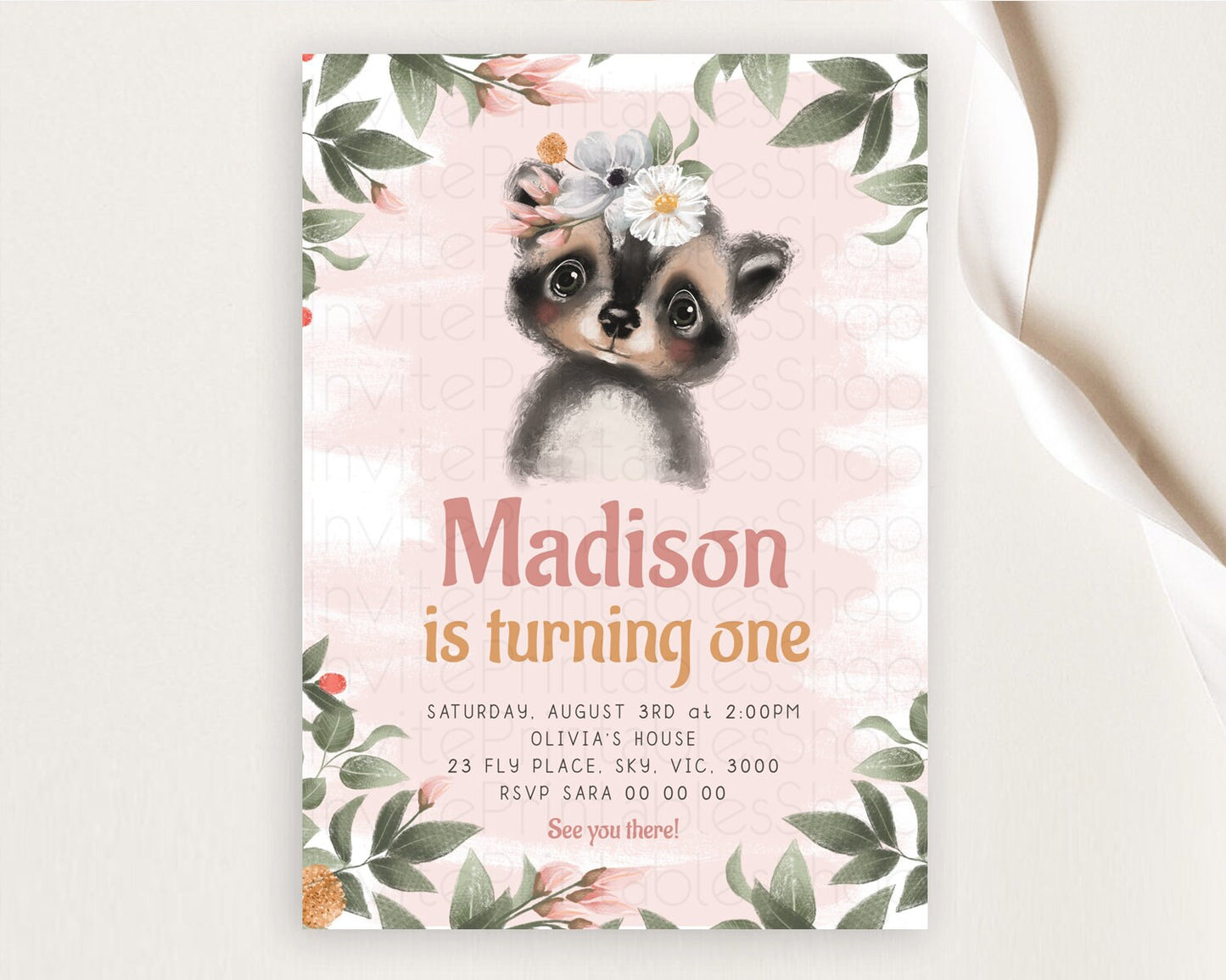 Raccoon Birthday Invitation Raccoon Invite Enchanted Forest Adventure Birthday Woodland Invitation Baby Raccoon 1st First Birthday D10632